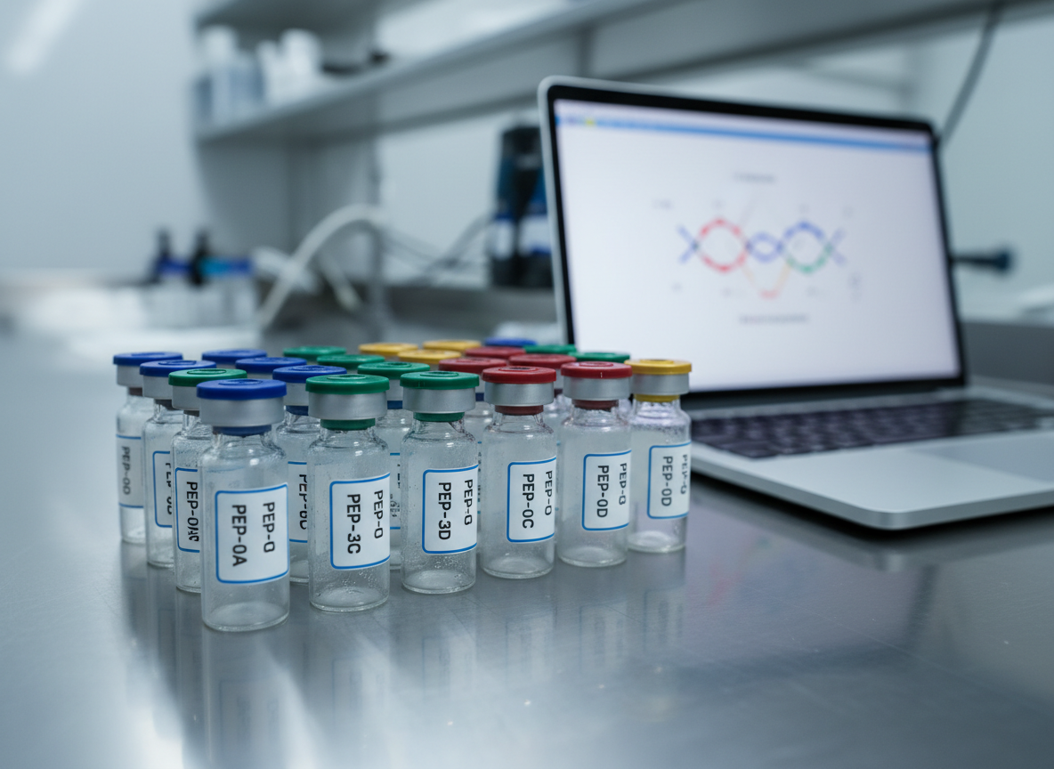 A meticulously organized laboratory bench showcasing a close-up array of small, frost-glass peptide vials with printed white labels, color-coded caps, and subtle condensation rings at their bases. They sit on a clean, brushed stainless-steel surface beside an open, slim silver laptop displaying a blurred peptide sequence diagram. Cool, diffused overhead LED lighting creates crisp reflections on the metal and glass, with soft shadows falling backward. The mood is professional, precise, and research-focused. Shot at eye level with a shallow depth of field, the front vials are in razor-sharp photographic focus while the background softly blurs, emphasizing clarity, accuracy, and a modern, clinical aesthetic suited for a peptide research forum homepage.